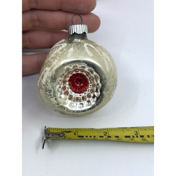 Vintage Christmas Mercury Glass Indent Ornament, Silver With Red Shiney Bright - Picture 5 of 5
